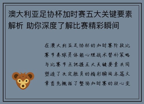 澳大利亚足协杯加时赛五大关键要素解析 助你深度了解比赛精彩瞬间