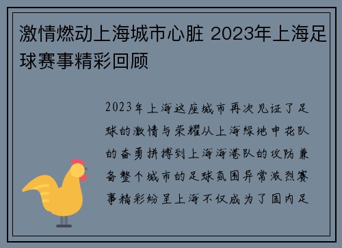 激情燃动上海城市心脏 2023年上海足球赛事精彩回顾